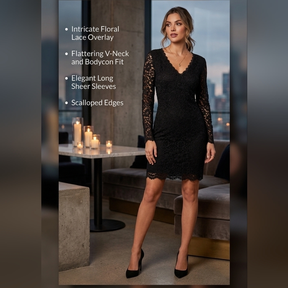 [Bebe] Lace Little Black Dress Long Sleeve Evening Cocktail Party Mini Women 10